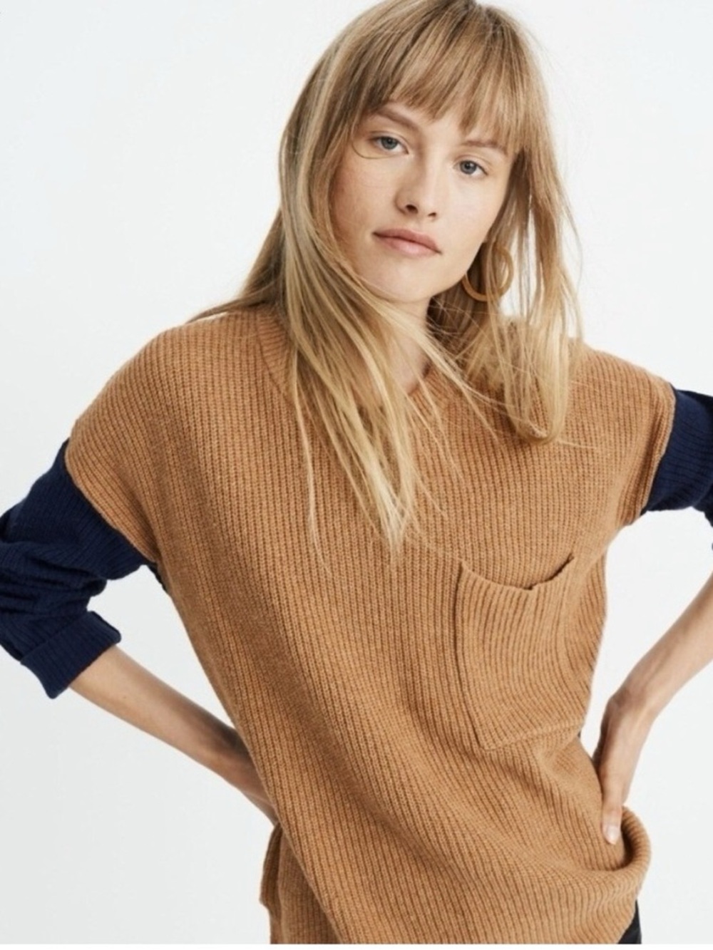 Madewell Thompson Pocket Pullover Sweater in Colorblock‎ Navy & Tan large